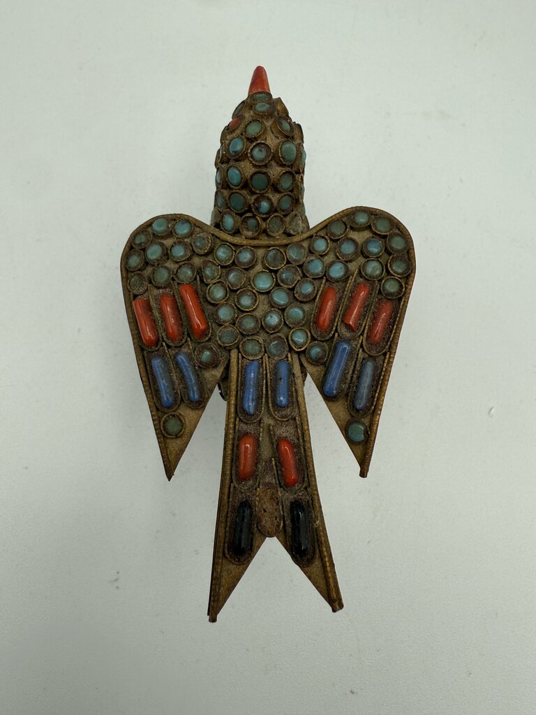 VTG Tibetan Brass Inlaid with Turquoise and Coral Stones 3.75” Bird Figurine /ro