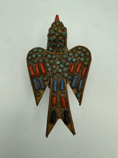 VTG Tibetan Brass Inlaid with Turquoise and Coral Stones 3.75” Bird Figurine /ro