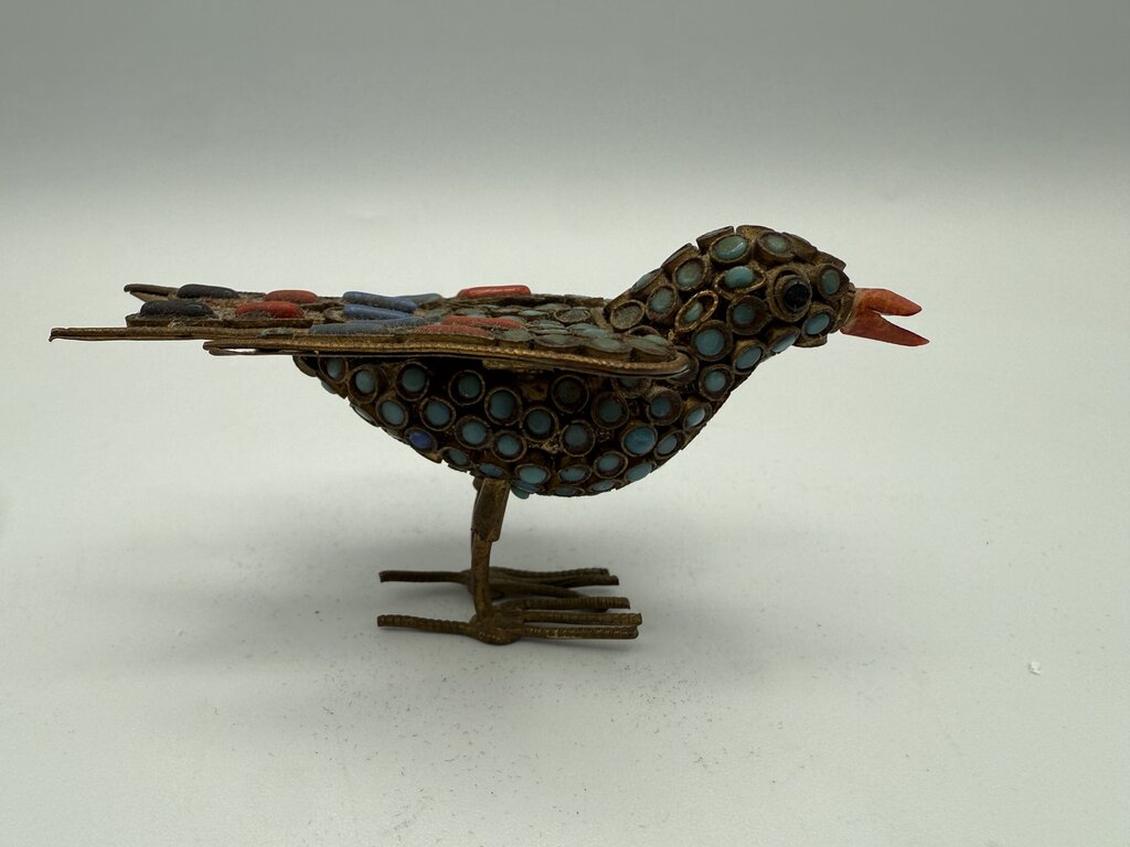 VTG Tibetan Brass Inlaid with Turquoise and Coral Stones 3.75” Bird Figurine /ro