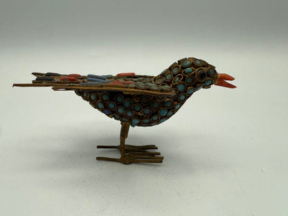 VTG Tibetan Brass Inlaid with Turquoise and Coral Stones 3.75” Bird Figurine /ro