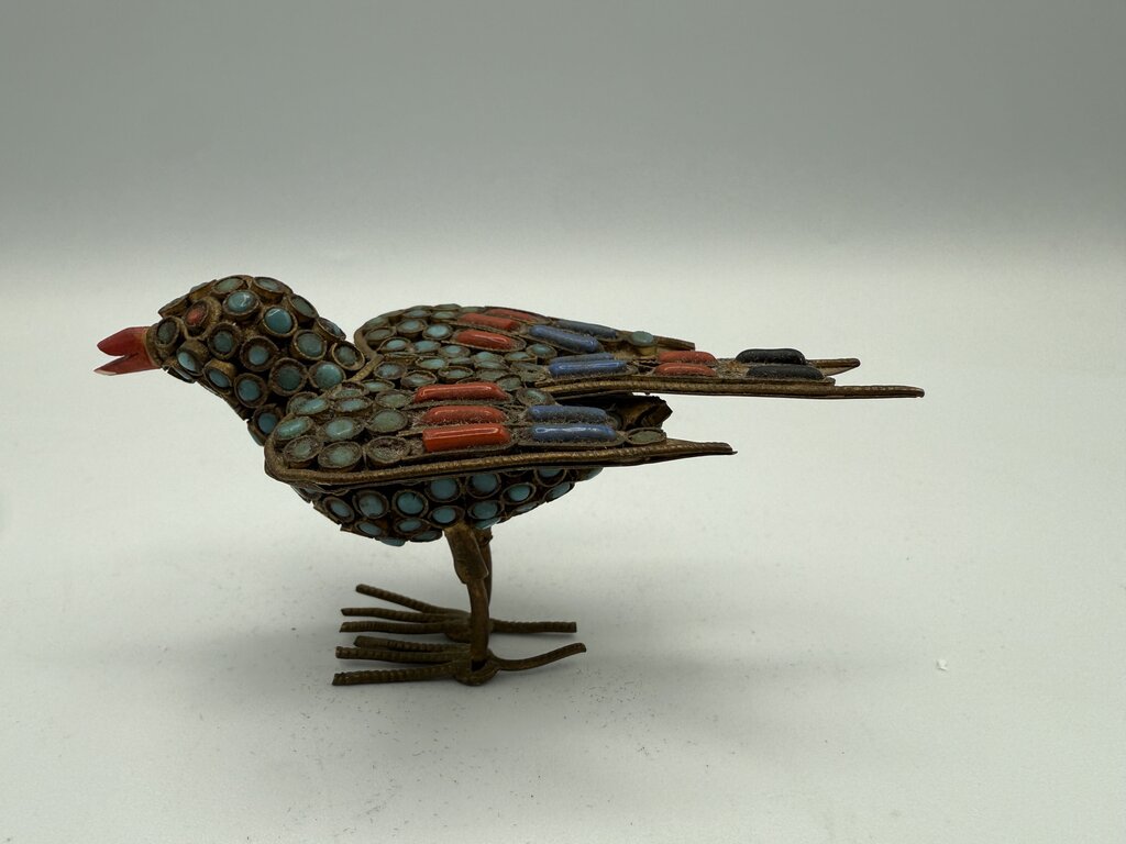 VTG Tibetan Brass Inlaid with Turquoise and Coral Stones 3.75” Bird Figurine /ro
