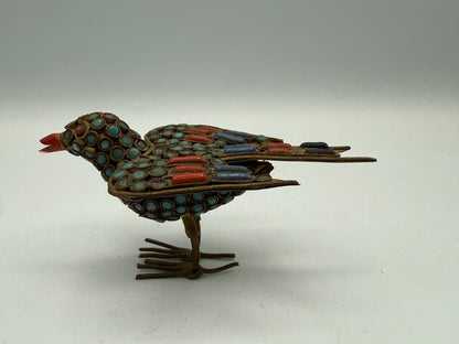 VTG Tibetan Brass Inlaid with Turquoise and Coral Stones 3.75” Bird Figurine /ro