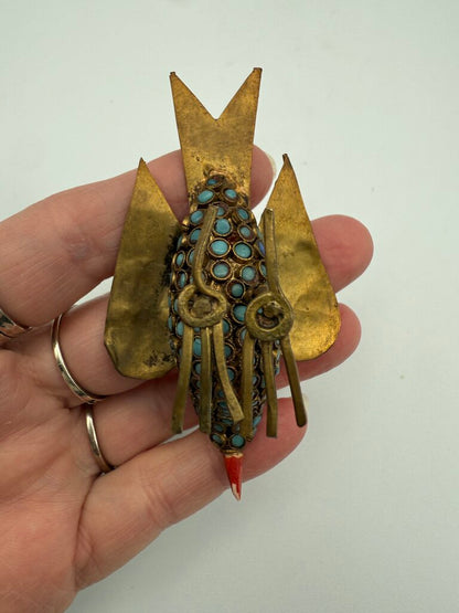VTG Tibetan Brass Inlaid with Turquoise and Coral Stones 3.75” Bird Figurine /ro