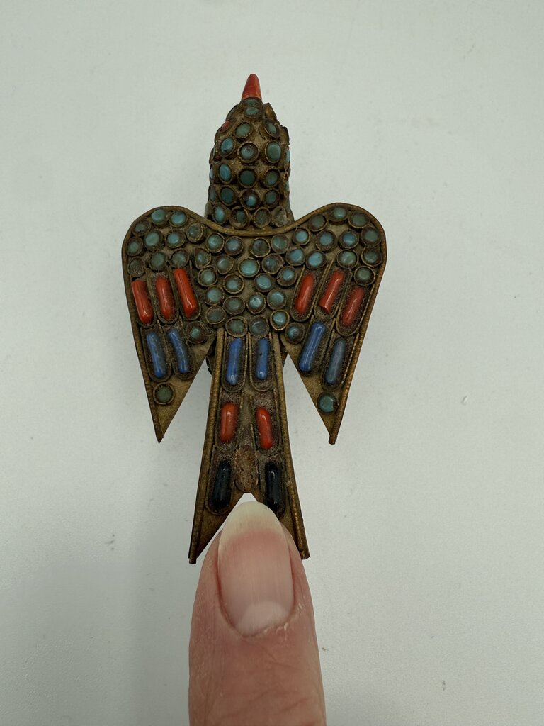 VTG Tibetan Brass Inlaid with Turquoise and Coral Stones 3.75” Bird Figurine /ro