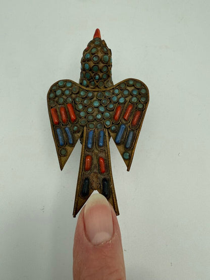 VTG Tibetan Brass Inlaid with Turquoise and Coral Stones 3.75” Bird Figurine /ro