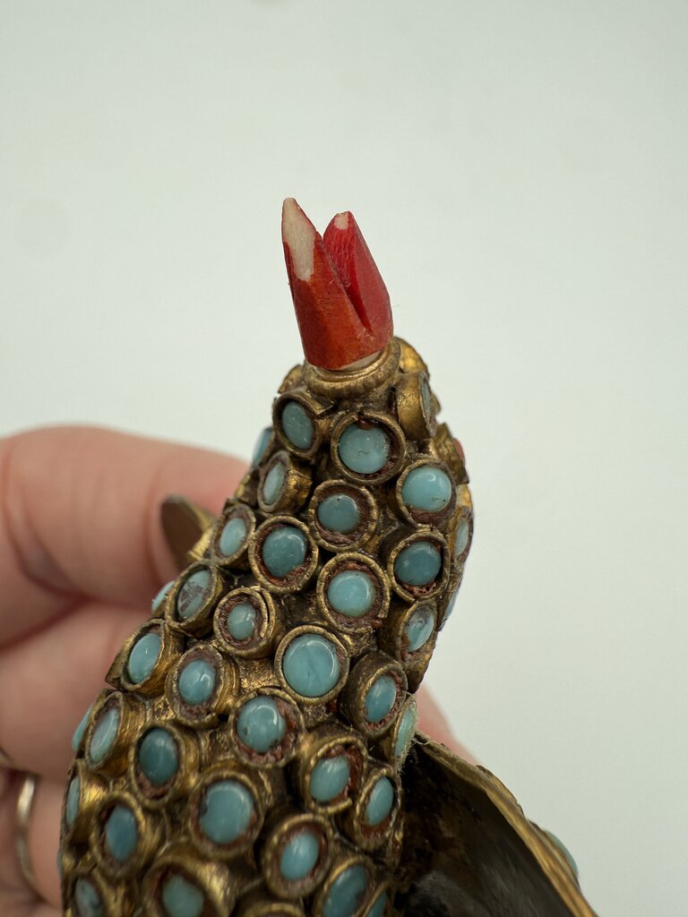 VTG Tibetan Brass Inlaid with Turquoise and Coral Stones 3.75” Bird Figurine /ro