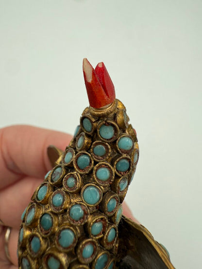 VTG Tibetan Brass Inlaid with Turquoise and Coral Stones 3.75” Bird Figurine /ro