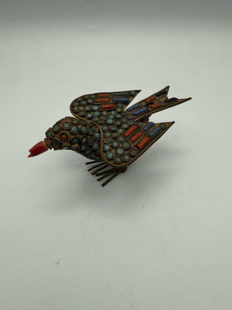 VTG Tibetan Brass Inlaid with Turquoise and Coral Stones 3.75” Bird Figurine /ro