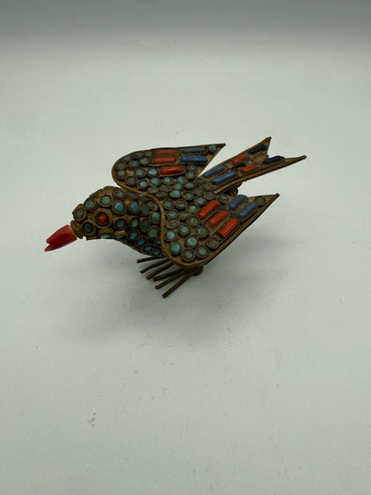 VTG Tibetan Brass Inlaid with Turquoise and Coral Stones 3.75” Bird Figurine /ro