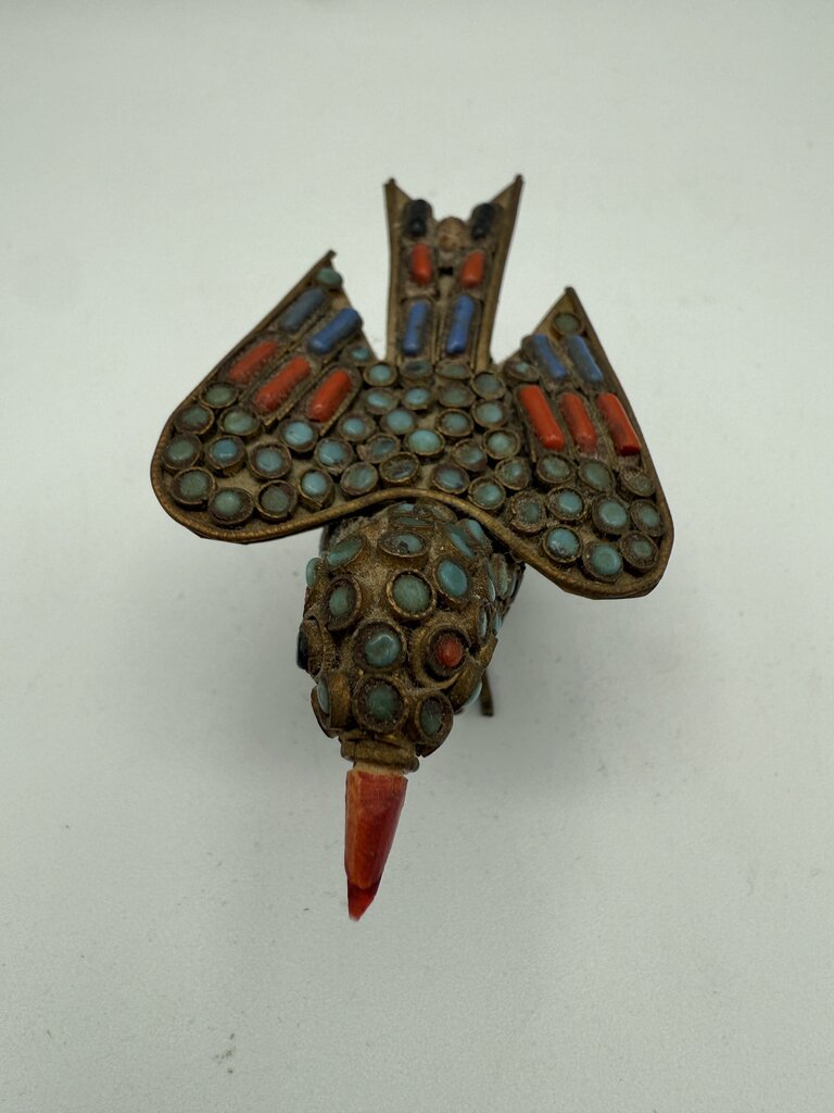 VTG Tibetan Brass Inlaid with Turquoise and Coral Stones 3.75” Bird Figurine /ro