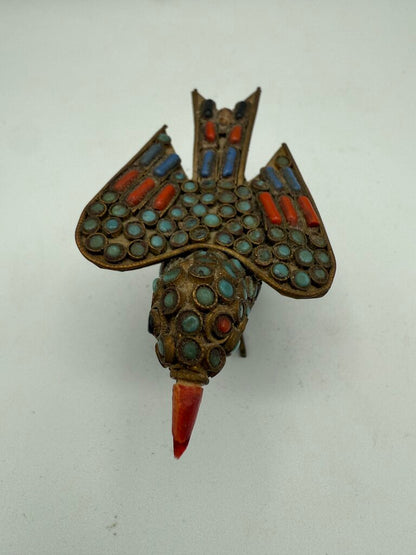 VTG Tibetan Brass Inlaid with Turquoise and Coral Stones 3.75” Bird Figurine /ro