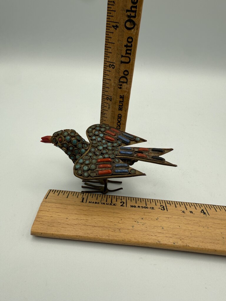 VTG Tibetan Brass Inlaid with Turquoise and Coral Stones 3.75” Bird Figurine /ro