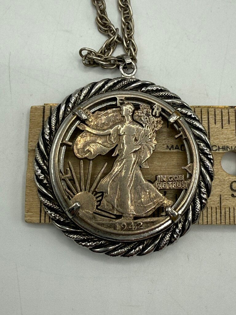 1942 Walking Liberty Silver Half Dollar Cut Out Pendant Necklace /ro