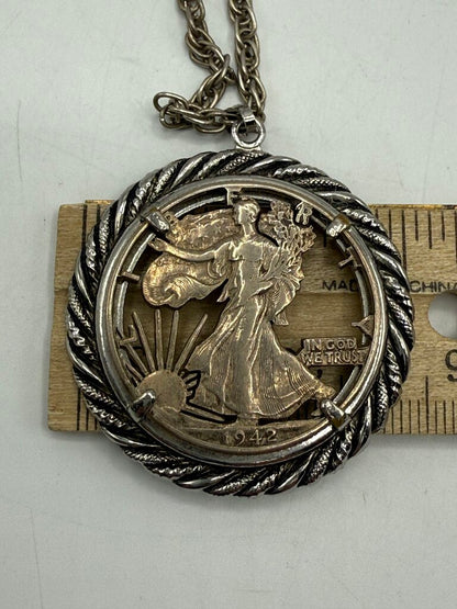 1942 Walking Liberty Silver Half Dollar Cut Out Pendant Necklace /ro
