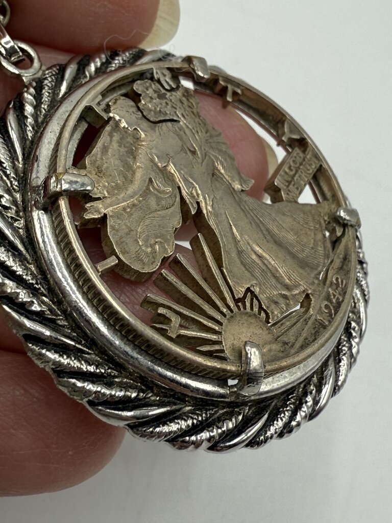 1942 Walking Liberty Silver Half Dollar Cut Out Pendant Necklace /ro