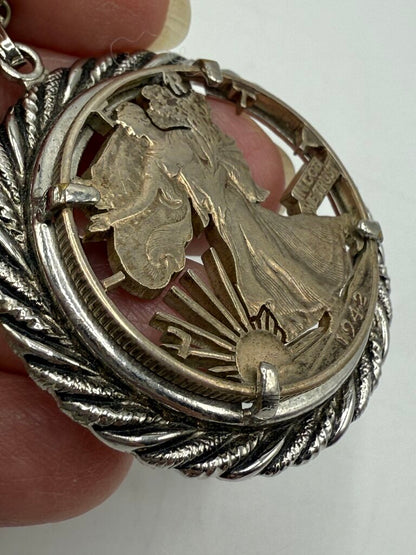 1942 Walking Liberty Silver Half Dollar Cut Out Pendant Necklace /ro