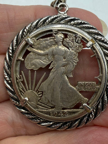 1942 Walking Liberty Silver Half Dollar Cut Out Pendant Necklace /ro
