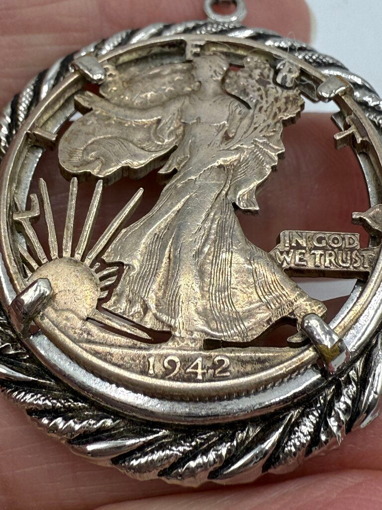 1942 Walking Liberty Silver Half Dollar Cut Out Pendant Necklace /ro