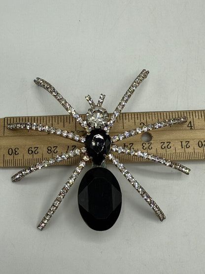 Vintage Black & Clear Rhinestone Tarantula Spider Brooch /ro
