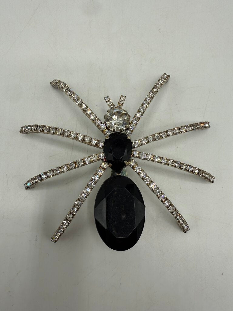 Vintage Black & Clear Rhinestone Tarantula Spider Brooch /ro
