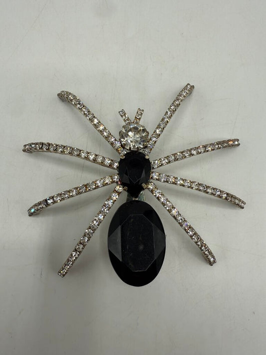 Vintage Black & Clear Rhinestone Tarantula Spider Brooch /ro