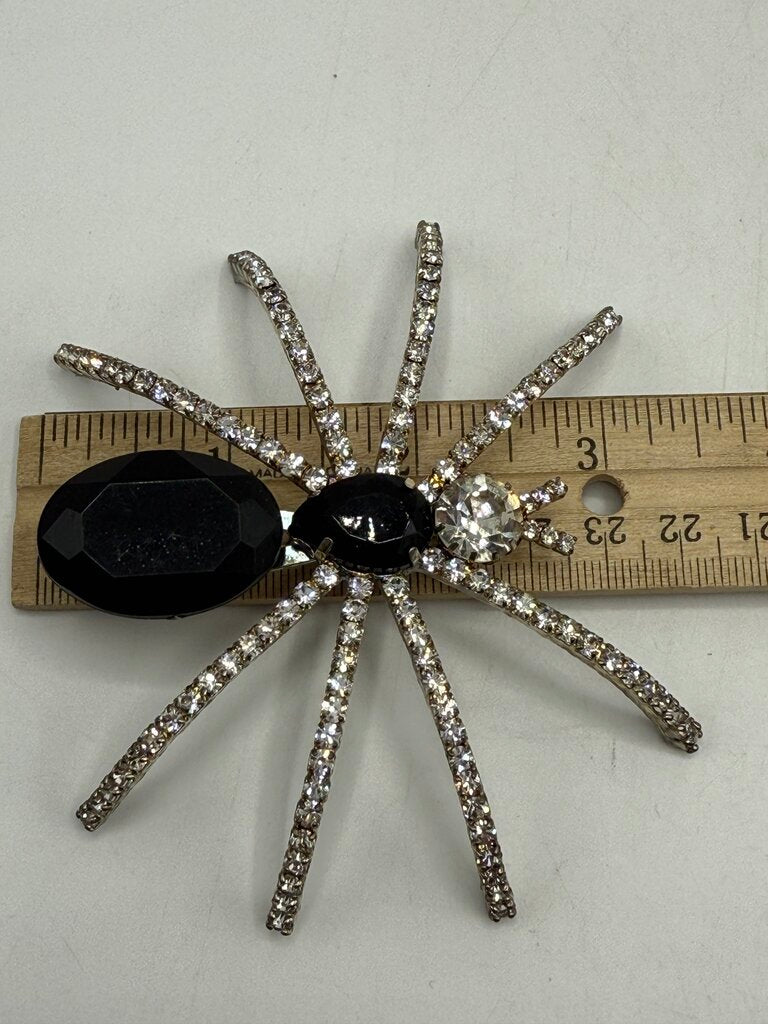 Vintage Black & Clear Rhinestone Tarantula Spider Brooch /ro