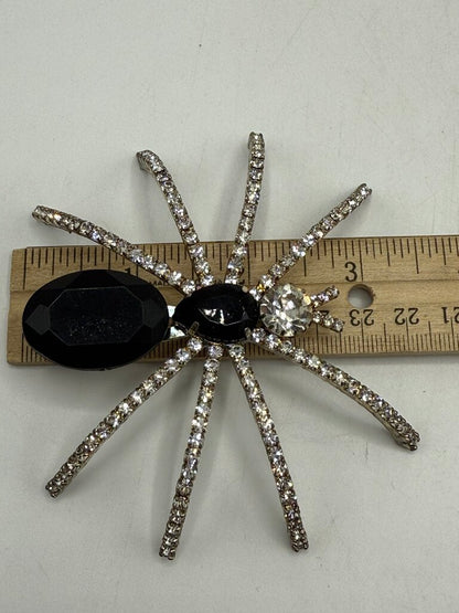 Vintage Black & Clear Rhinestone Tarantula Spider Brooch /ro
