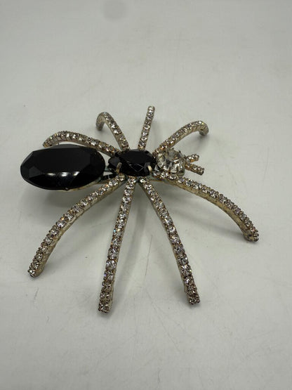 Vintage Black & Clear Rhinestone Tarantula Spider Brooch /ro