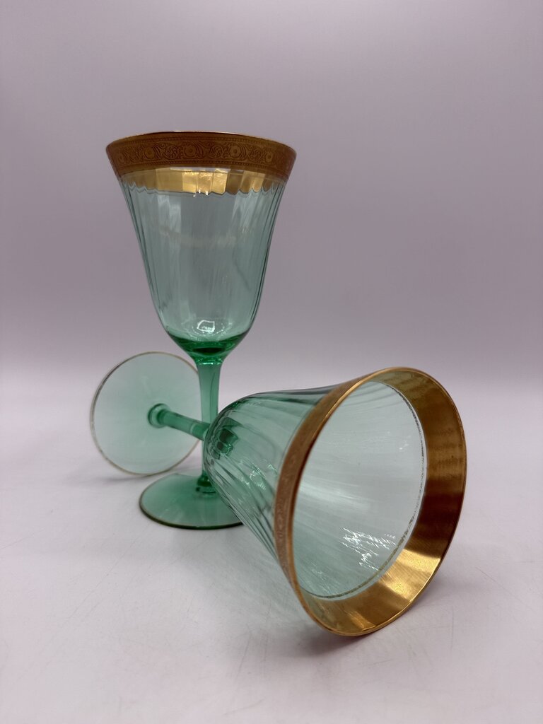VTG Set of 2 Tiffen Green Uranium Glass Wine/Water Glass Gold Encrusted /rw