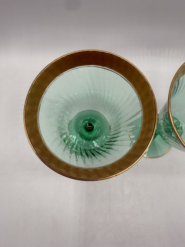 VTG Set of 2 Tiffen Green Uranium Glass Wine/Water Glass Gold Encrusted /rw