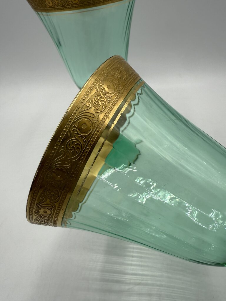 VTG Set of 2 Tiffen Green Uranium Glass Wine/Water Glass Gold Encrusted /rw