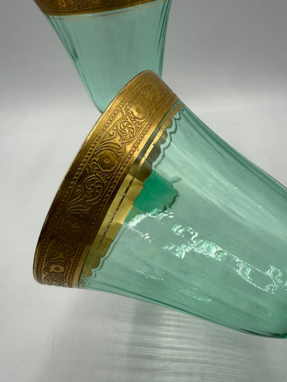 VTG Set of 2 Tiffen Green Uranium Glass Wine/Water Glass Gold Encrusted /rw