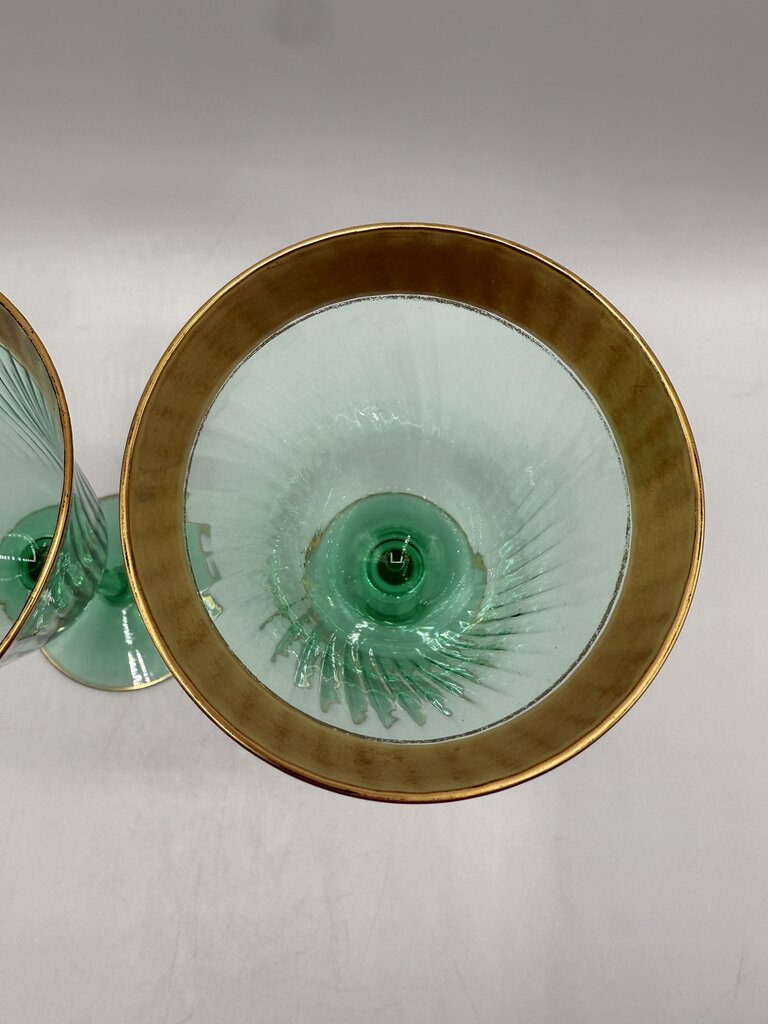 VTG Set of 2 Tiffen Green Uranium Glass Wine/Water Glass Gold Encrusted /rw