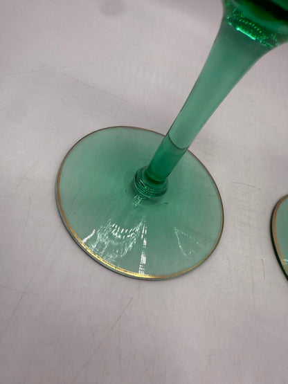 VTG Set of 2 Tiffen Green Uranium Glass Wine/Water Glass Gold Encrusted /rw