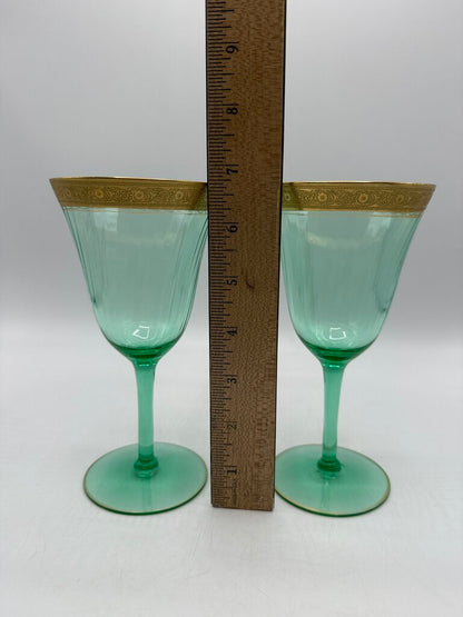 VTG Set of 2 Tiffen Green Uranium Glass Wine/Water Glass Gold Encrusted /rw