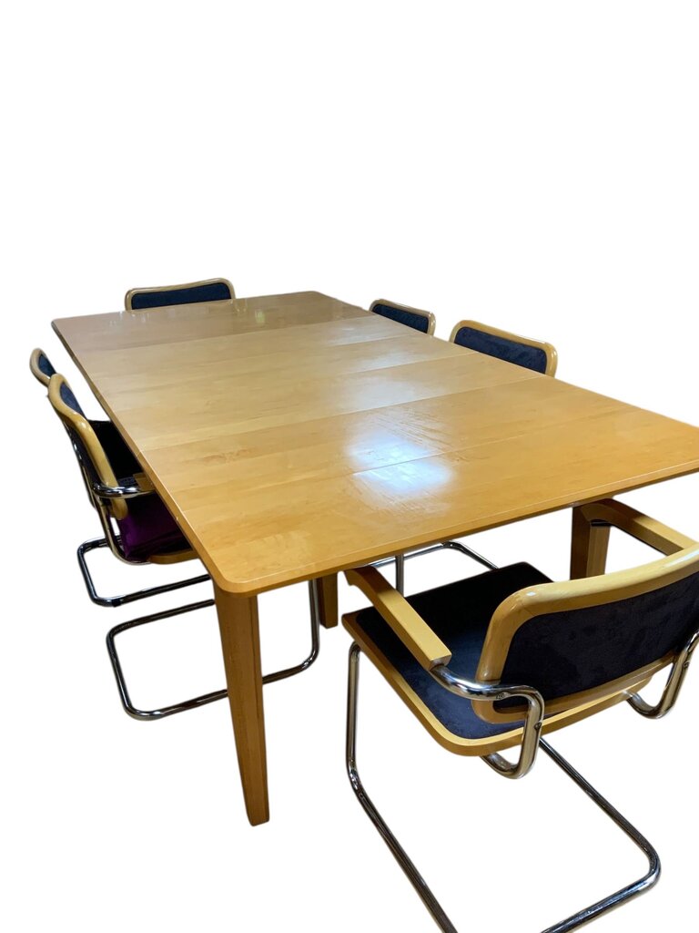 Drop Leaf Danish Table With 6 Black And Chrome Chairs