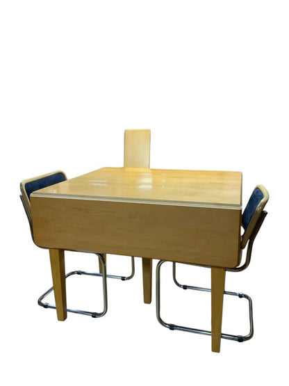 Drop Leaf Danish Table With 6 Black And Chrome Chairs