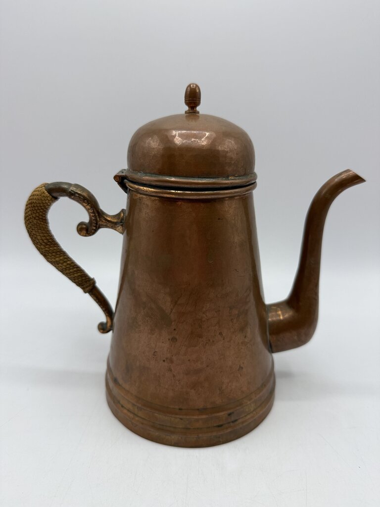 Vintage Copper-Tin lined Coffee Pot Wicker Handle Portugal /rw