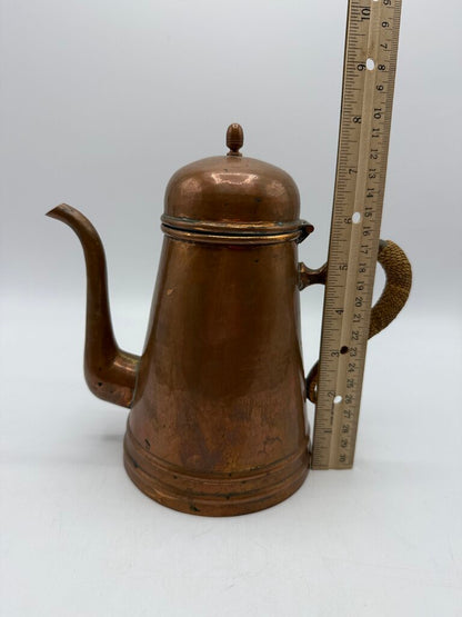 Vintage Copper-Tin lined Coffee Pot Wicker Handle Portugal /rw