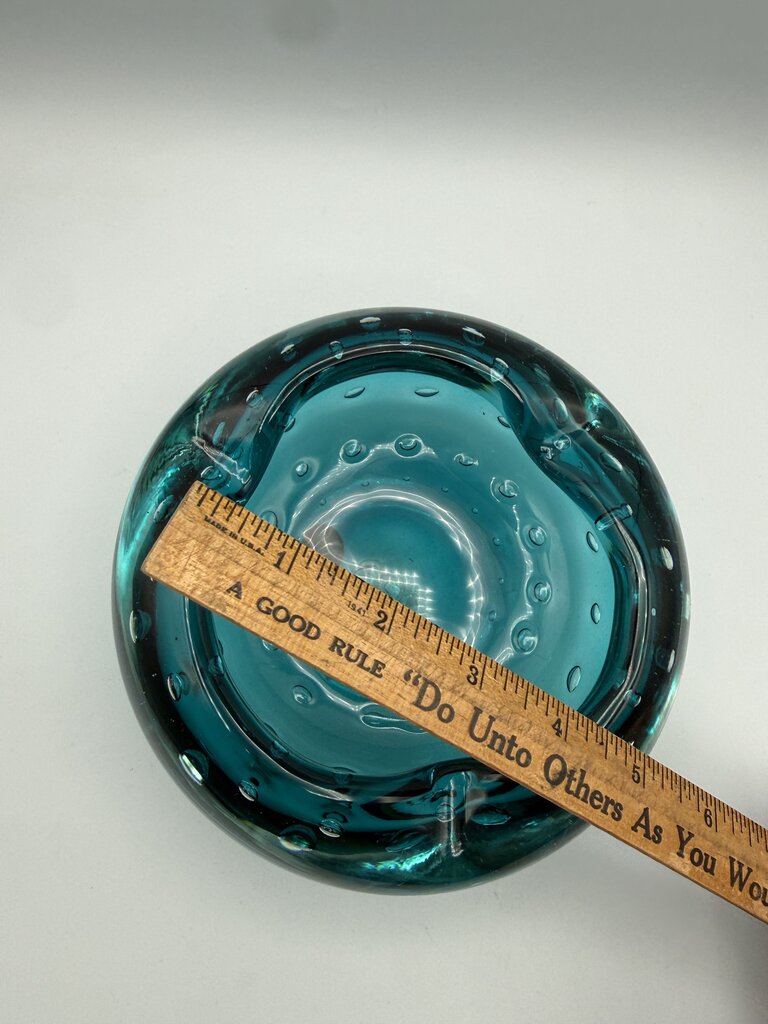 VTG Murano Art Glass Ashtray Teal Blue Bowl Controlled Bubbles /ro