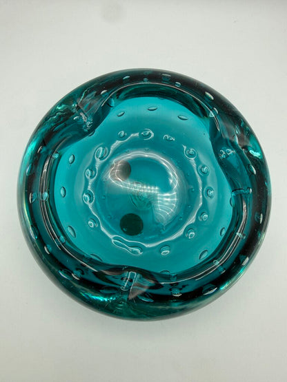 VTG Murano Art Glass Ashtray Teal Blue Bowl Controlled Bubbles /ro