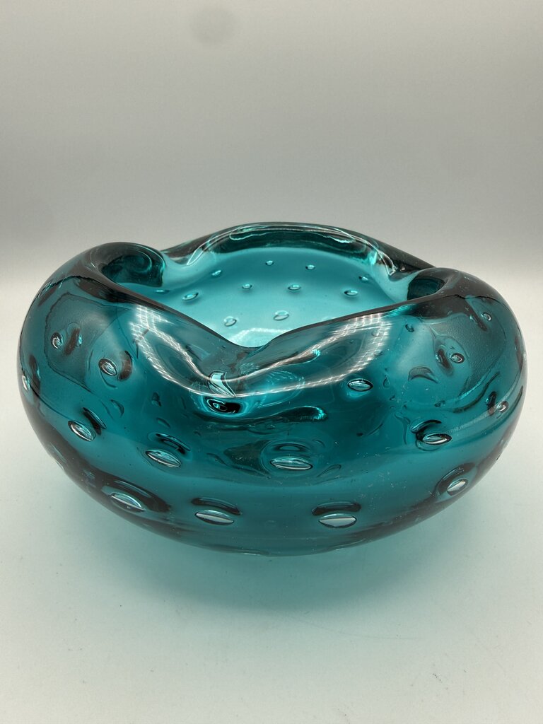 VTG Murano Art Glass Ashtray Teal Blue Bowl Controlled Bubbles /ro