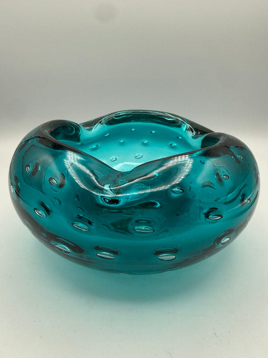 VTG Murano Art Glass Ashtray Teal Blue Bowl Controlled Bubbles /ro