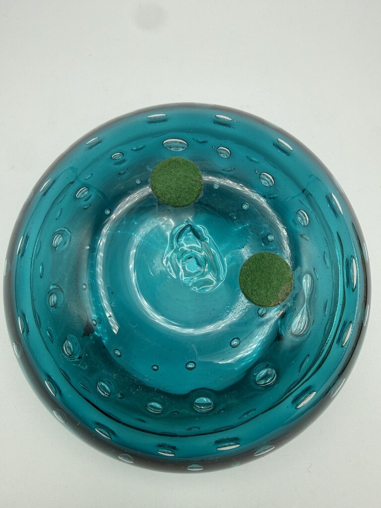 VTG Murano Art Glass Ashtray Teal Blue Bowl Controlled Bubbles /ro