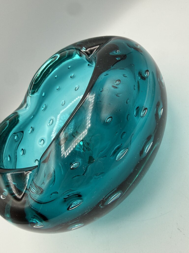 VTG Murano Art Glass Ashtray Teal Blue Bowl Controlled Bubbles /ro
