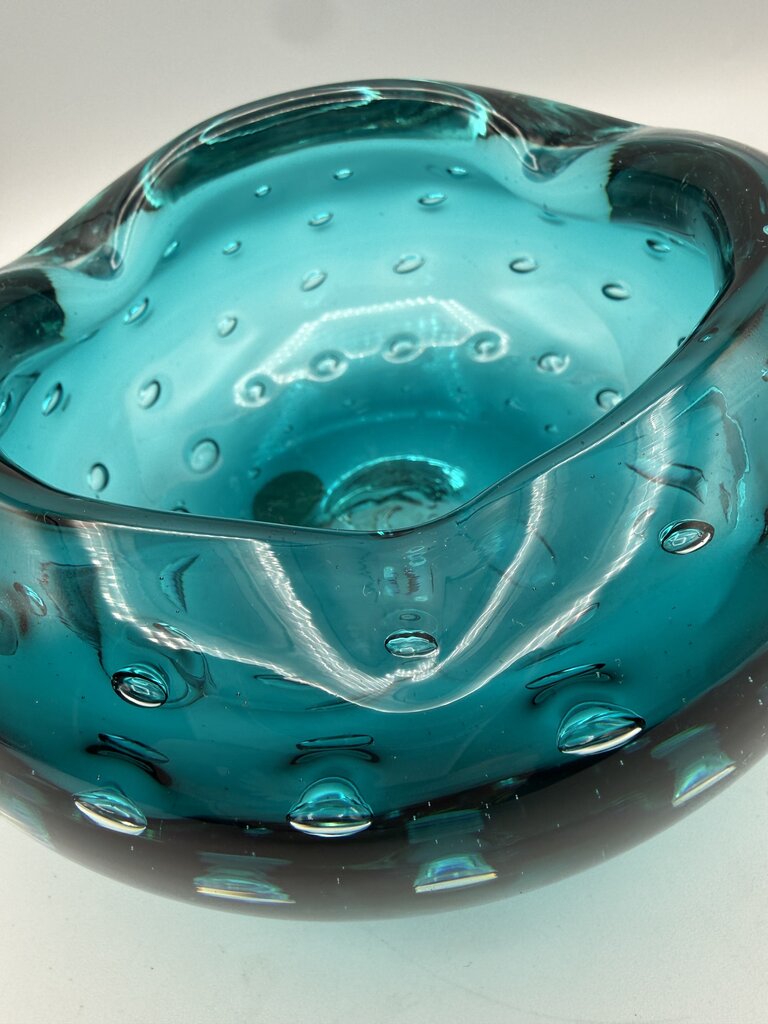 VTG Murano Art Glass Ashtray Teal Blue Bowl Controlled Bubbles /ro