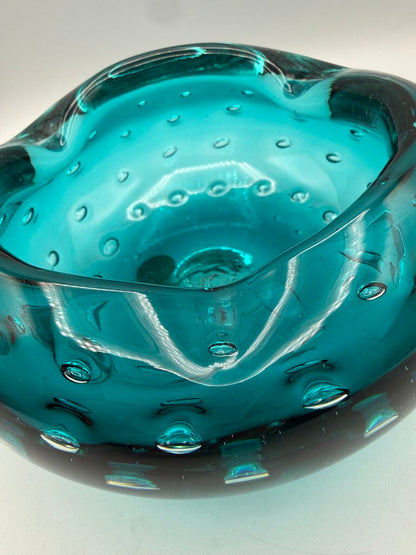 VTG Murano Art Glass Ashtray Teal Blue Bowl Controlled Bubbles /ro