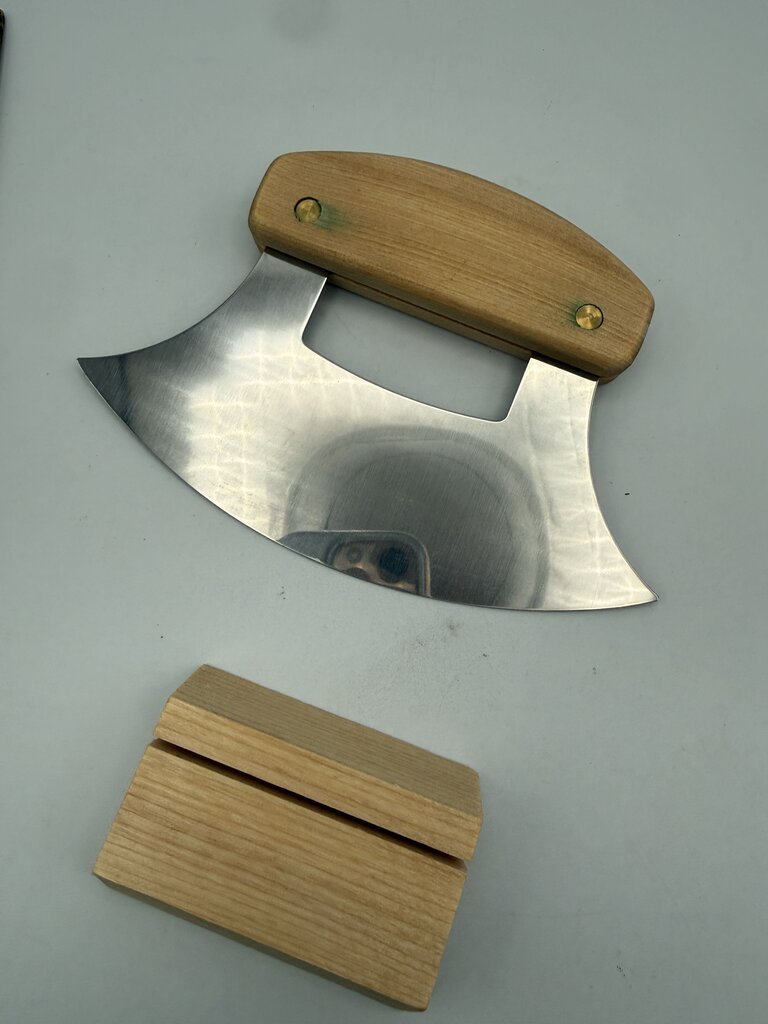 Handcrafted Alaska Ulu Knife & Curved Cutting Bowl Set - Wood & Stainless /roh