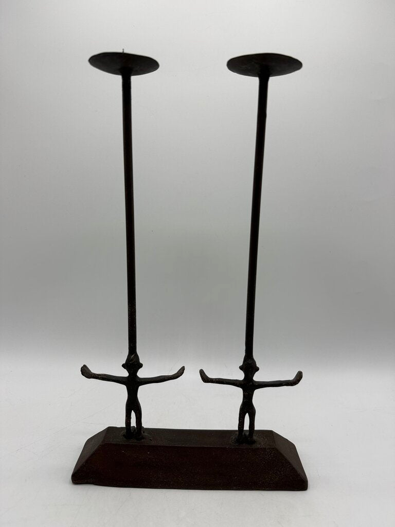 Twin Figure Hand Forge Wrought Iron Candle Holder 12.5” Tall /rw