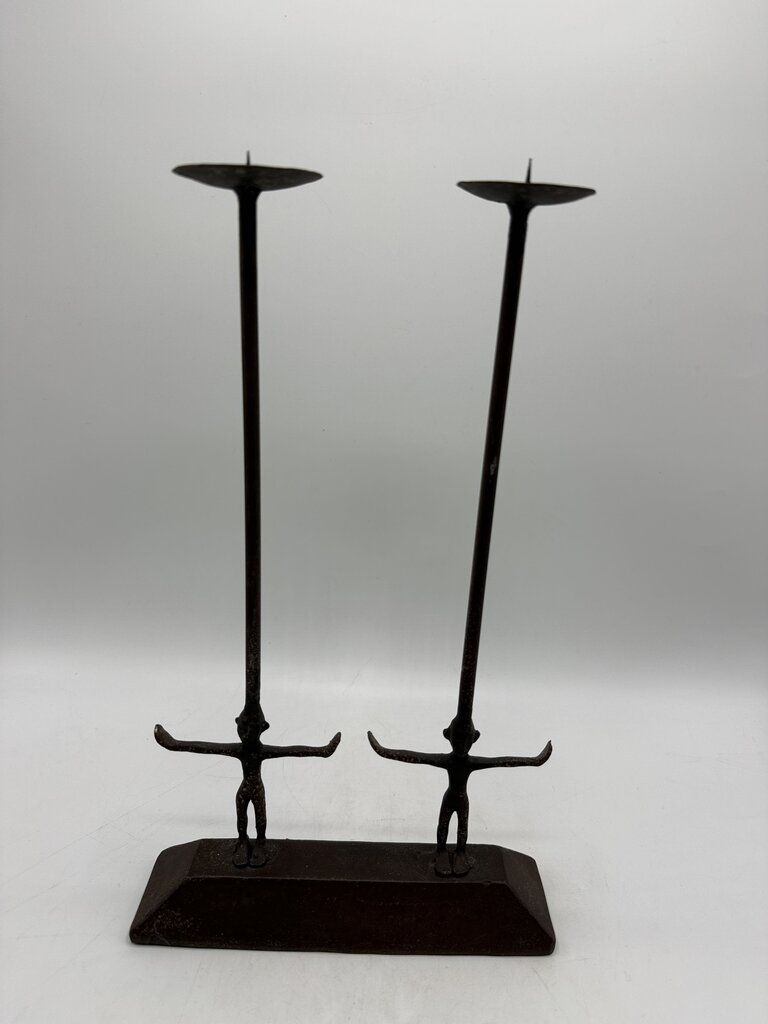 Twin Figure Hand Forge Wrought Iron Candle Holder 12.5” Tall /rw
